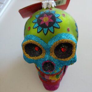 Ostara Skull Ornament painted glass glitter rhinestone eye Altar Art